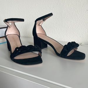 Stuart Weitzman Suede Black Kitten Block Heel with Ankle Strap